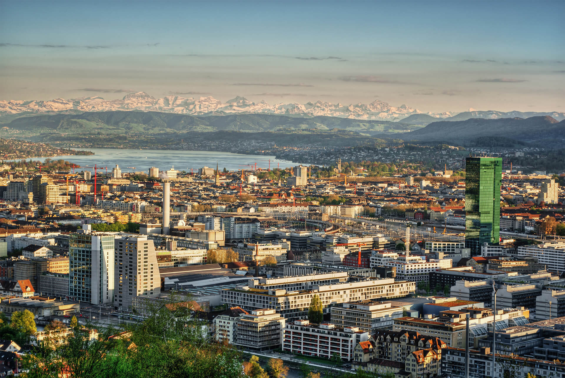 Zurich Downtown with Swiss Alps